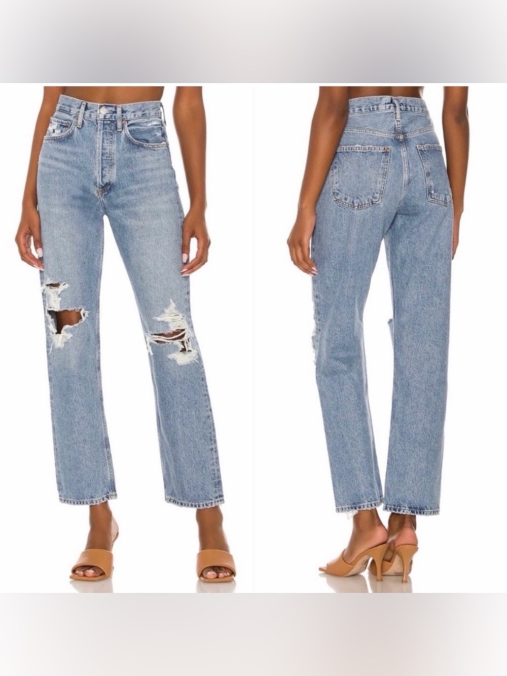 Agolde Boyfriend Jeans in Medium Blue with Distressed Knees